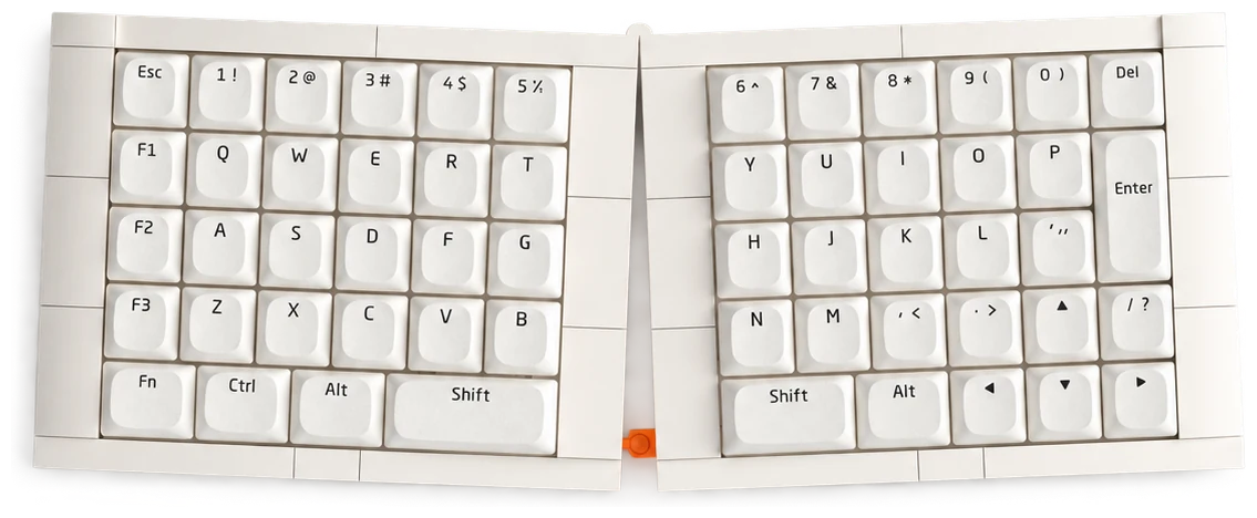 White KBDcraft Israfel low-profile split ortholinear keyboard kit with white PBT keycaps