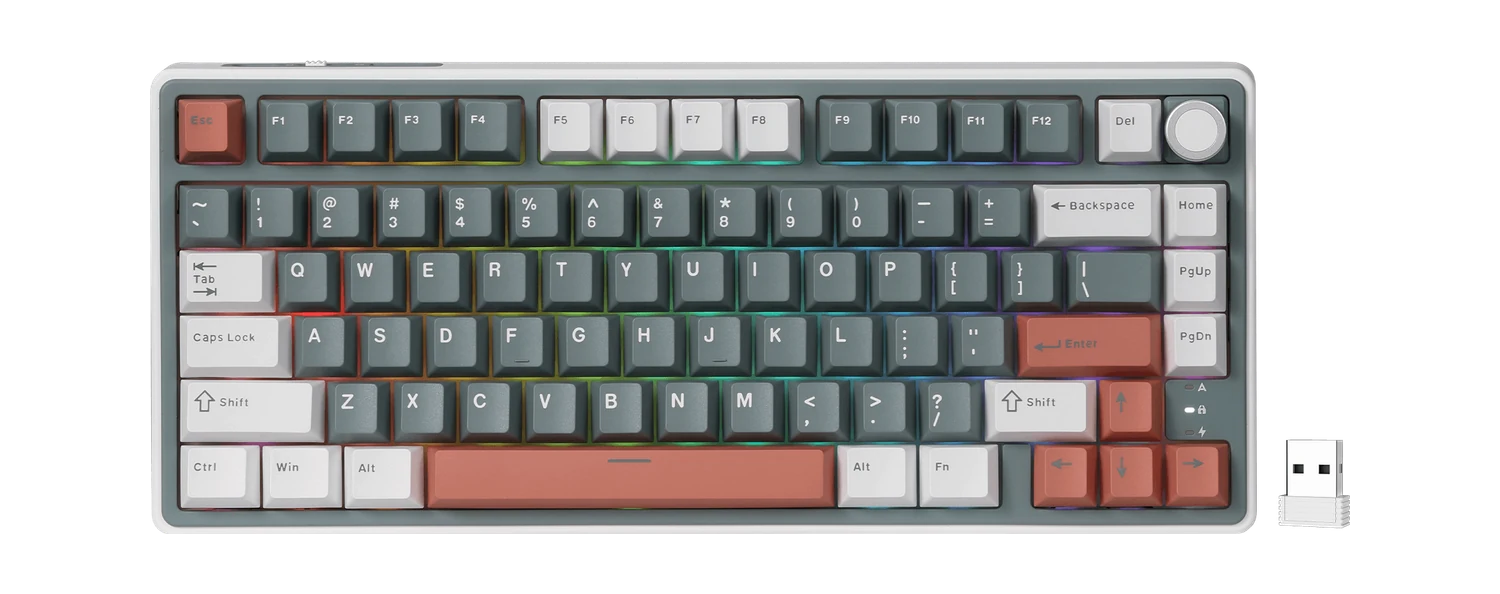 Blue Royal Kludge R75 75% wireless mechanical keyboard with its 2.4GHz receiver