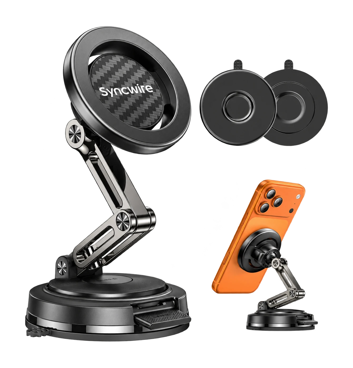 Syncwire black carbon-fiber MagSafe car mount with its vacuum and adhesive bases
