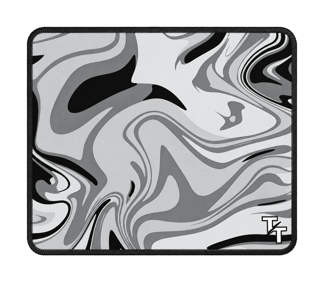 Tech Tread ProLine Steel Current 50 by 50 centimeter mouse pad with a gray, black, and white flowing pattern