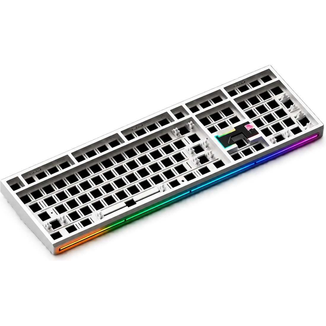 Silver Weikav NUT108 full-size barebones keyboard frame with its front RGB light bar and no switches or keycaps